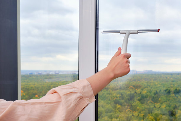 一位成年妇女在打扫客厅时用刮刀擦窗户图片下载