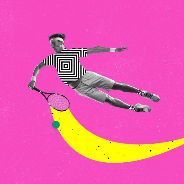 创意的艺术作品，设计年轻的男性网球运动员在运动孤立在粉红色的背景与绘制的元素图片下载