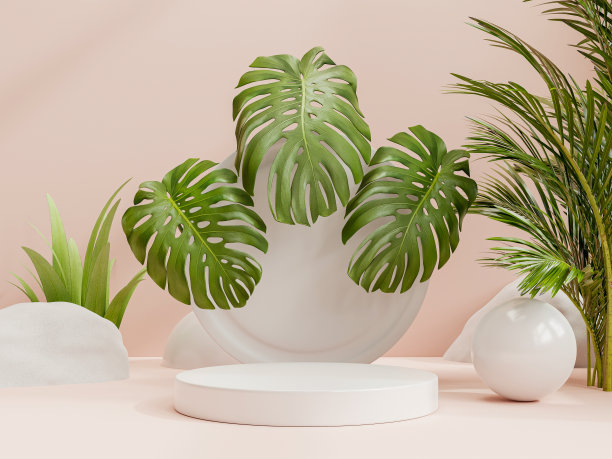 产品演示讲台的最小设计与浅粉红色背景。图片下载