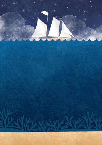 夜晚漂浮在海面上的帆船，为旅途和交通概念的装饰画上背景。图片下载