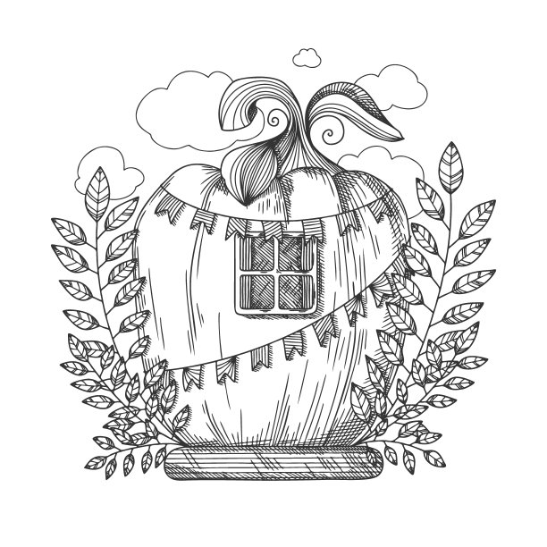 一个梦幻南瓜屋的草图。卡通南瓜地精屋。矢量插图。图片下载