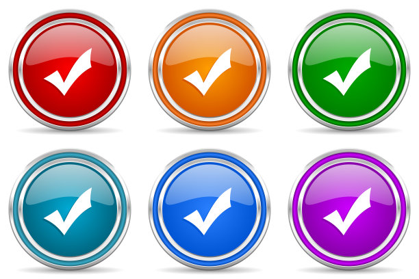 接受，勾出银色金属光泽图标，为web，互联网和移动应用程序的一组现代设计按钮，6个颜色选项隔离在白色背景上图片下载