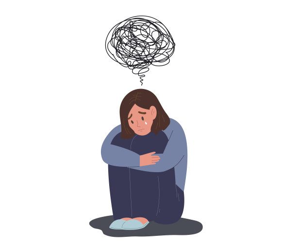 年轻女子抱着膝盖坐着，思绪纠结。抑郁症的精神疾病。图片下载