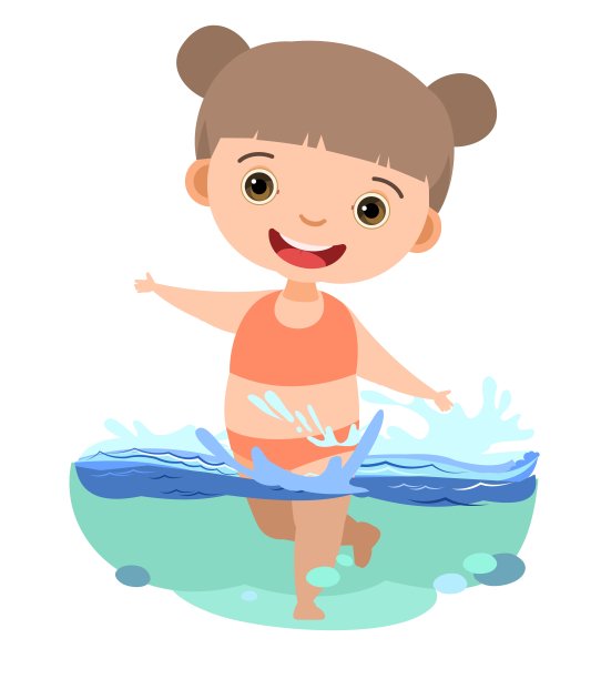 女孩玩得很开心。河、海或海洋中的波浪。流。游泳、跳水和水上运动。池。孤立在白色背景上。漫画风格的插图。平面设计。矢量艺术图片下载