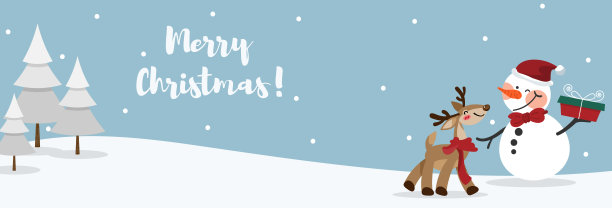 一个雪人戴着圣诞帽，拿着礼盒，一只驯鹿戴着红色的围巾，在松树林的雪山上，雪花飘落在浅蓝色的天空与快乐的圣诞文本设计为旗帜，框架，标题，背景贺卡设计。图片下载