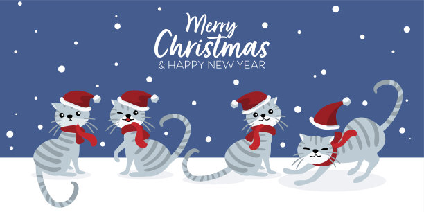 圣诞假期季节的旗帜上，一群可爱的猫戴着圣诞帽和红色围巾在雪地上，蓝色的天空背景与圣诞快乐和新年快乐的文字和雪花。图片下载