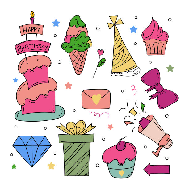 生日快乐涂鸦图标色彩缤纷图片下载