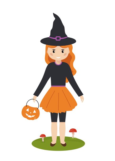 万圣节孩子们。戴着女巫帽的漂亮女孩拿着南瓜糖果桶图片下载