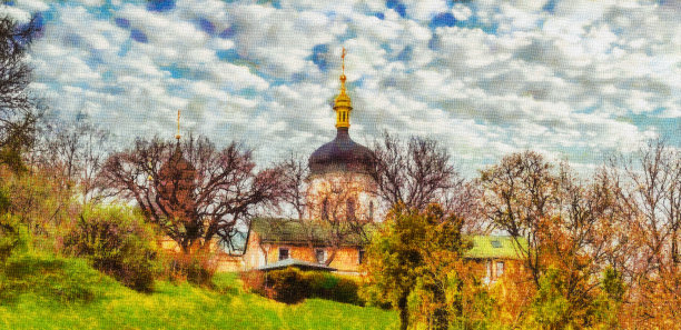 油画风景画，色彩斑斓的树木以教堂为背景。室外景观图片下载