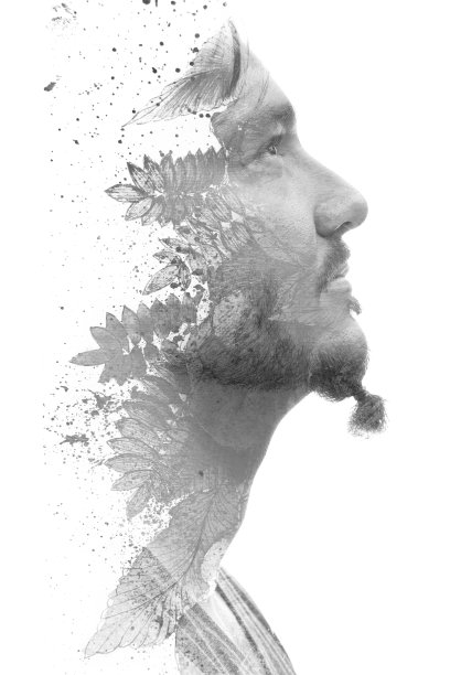 Paintography。黑色和白色的植物细节画结合了一个时尚的年轻人的侧面肖像图片下载
