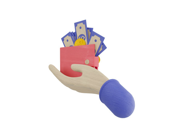 成捆现金和漂浮硬币蓝粉背景3D插画图片下载