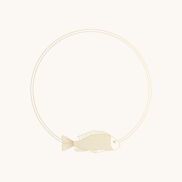 金色圆形框架与轮廓鱼插图。向量孤立的设计。图片下载