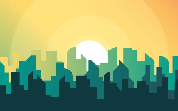 清晨，城市天际线景观，不同时间的城镇建筑和城市城市景观城镇天空。白天的城市。建筑剪影市区矢量背景。传单、卡片的平面设计图片下载