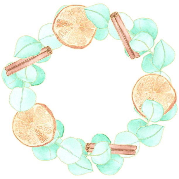 圣诞节，装饰花环的树叶，肉桂棒，干橙片，水彩画插图图片下载