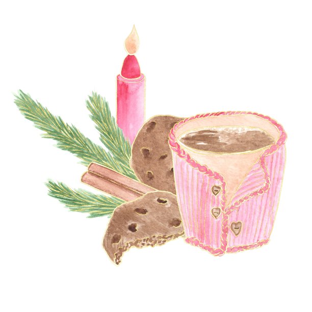 作文，圣诞节，水彩画插图的可可，巧克力饼干，蜡烛在白色的背景图片下载