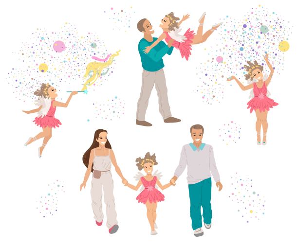 女孩穿着童话服装，表演在，一个童话人物，孩子们与父母剧院。万圣节派对。矢量绘图，卡通人物图片下载