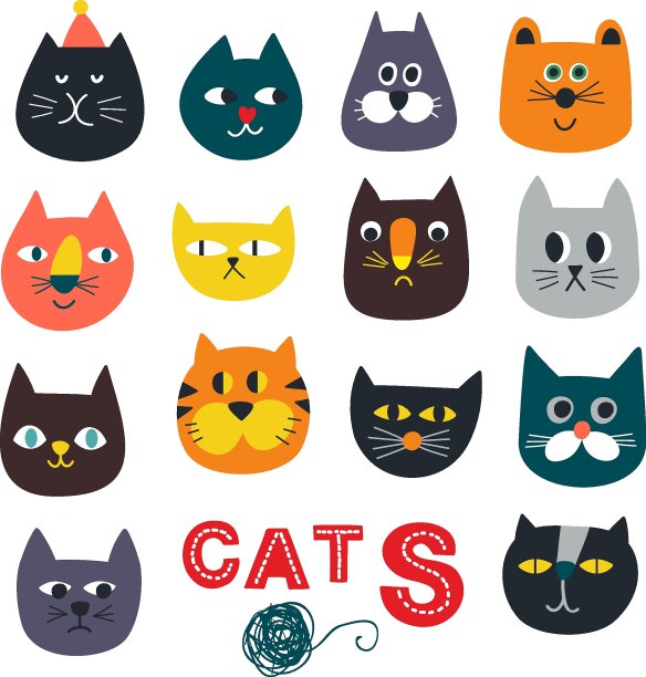 大套可爱的猫脸复古幼稚风格。图片下载