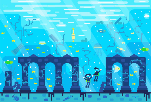 女孩和男孩潜水员探索古城废墟寻找宝藏。矢量卡通插图在平坦的风格。矢量图图片下载