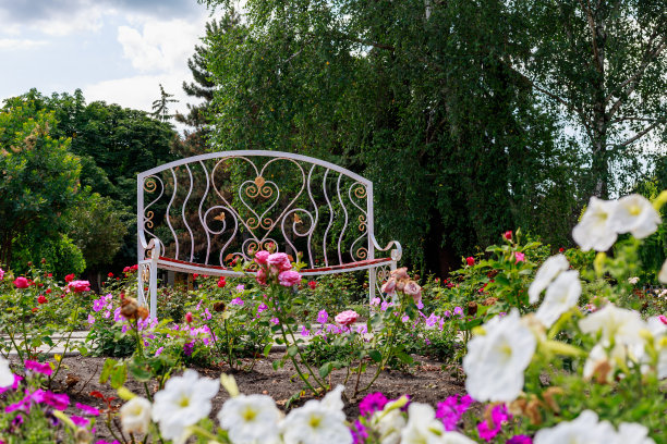 在城市公园里为情侣准备的一张非常漂亮的长椅，上面有花坛和鲜花。心作为爱的象征图片下载