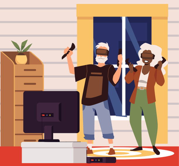 老年人玩虚拟电脑游戏，平面矢量插图。图片下载