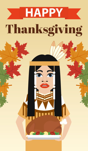 感恩节快乐。概念平面设计与土著人女孩一只火鸡在托盘上图片下载