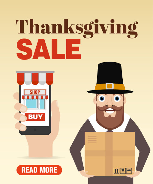 感恩节出售。在线购物。概念平面设计与朝圣者图片下载