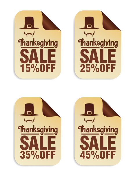 感恩节销售贴纸设置15%，25%，35%，45%的朝圣者图标图片下载