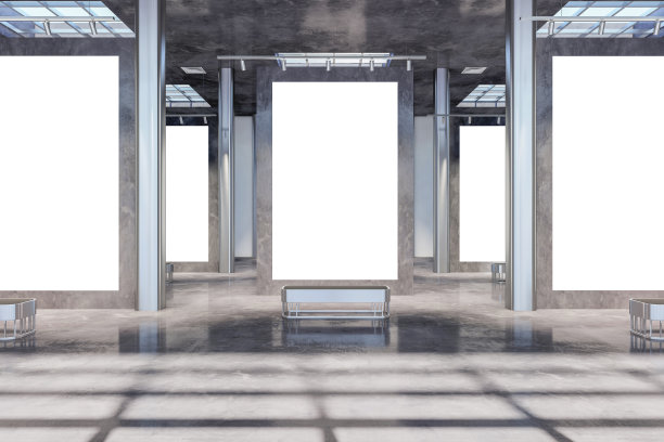 现代混凝土画廊内部空荡荡的海报和阴影。展览概念。模拟，3D渲染。图片下载