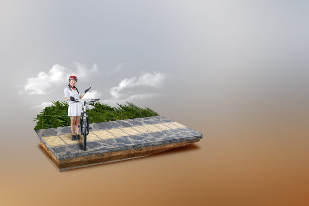 地下土层的横断面土与亚洲妇女与自行车头盔站在她的自行车旁边图片下载