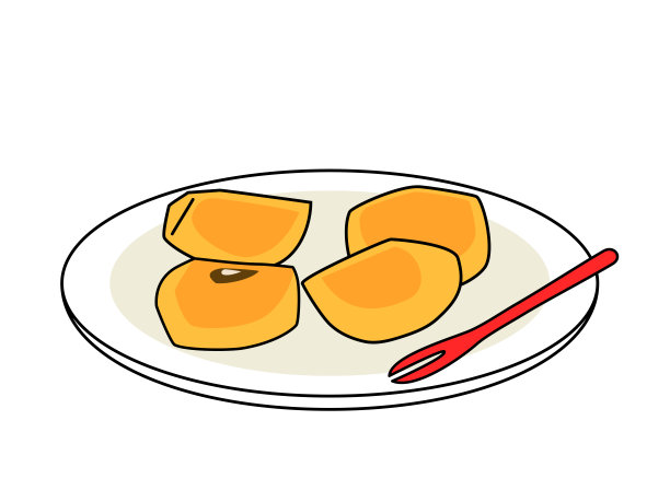 一个柿子被切下来放在盘子上的插图。图片下载