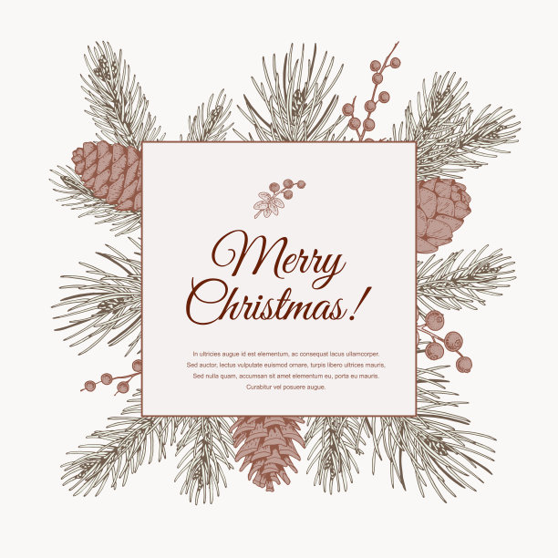 手绘圣诞快乐和新年快乐贺卡与圣诞树的树枝和冬青浆果。的矢量图图片下载