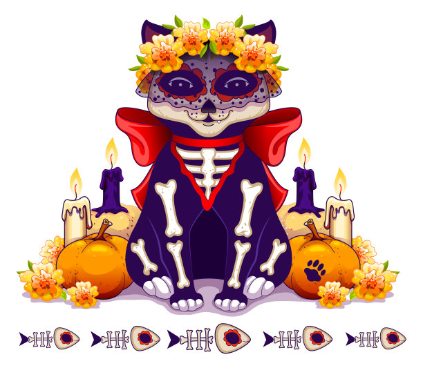 骷髅猫象征着墨西哥的亡灵节。亡灵节贺卡模板图片下载