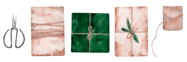 水彩的圣诞节。礼物盒剪纸艺术。节日礼物。手工包装。寒假。新年。孤立在白色背景上。图片下载