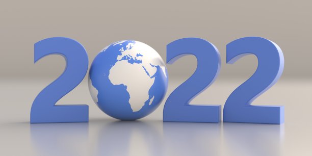 2022年新年祝福，数字为蓝色，灰色背景为地球。三维演示图片下载