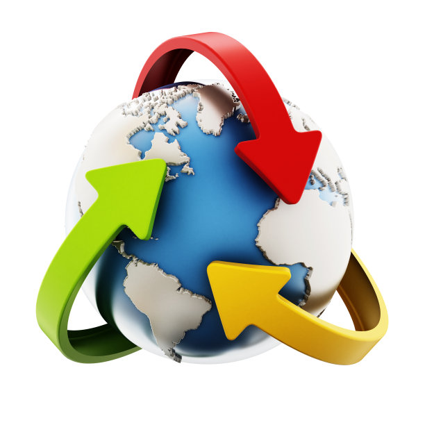 三支旋转的箭环绕着地球。环保及循环再造的概念。图片下载