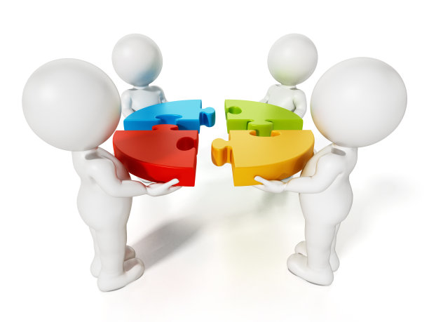 3D的小人们把五颜六色的拼图零件放在一起图片下载