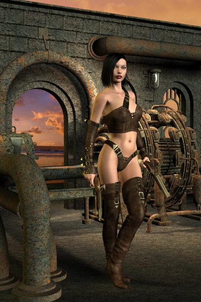 幻想战士武装着枪探索一个古老的建筑，3d插图图片下载