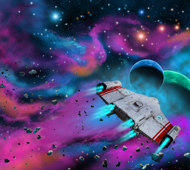 宇宙飞船探索外星与月球在星云内部，3d插图图片下载