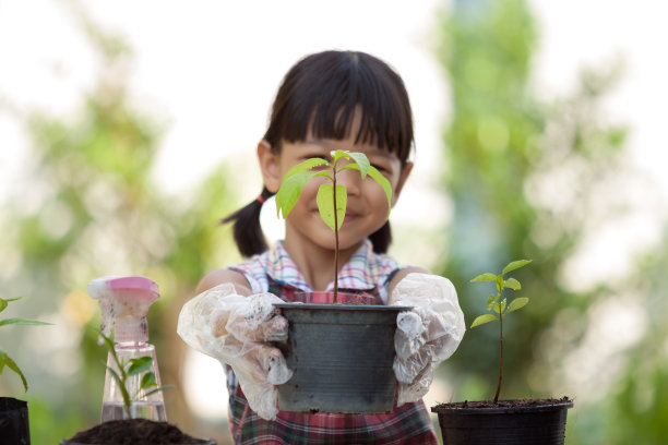 把重点放在盆栽上。一个小园丁的手拿着一个花盆站在他面前。她在学种树。前面有植物、花盆和黑土。图片下载