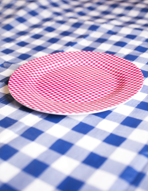 红格子盘子放在蓝格子桌布上。图片下载