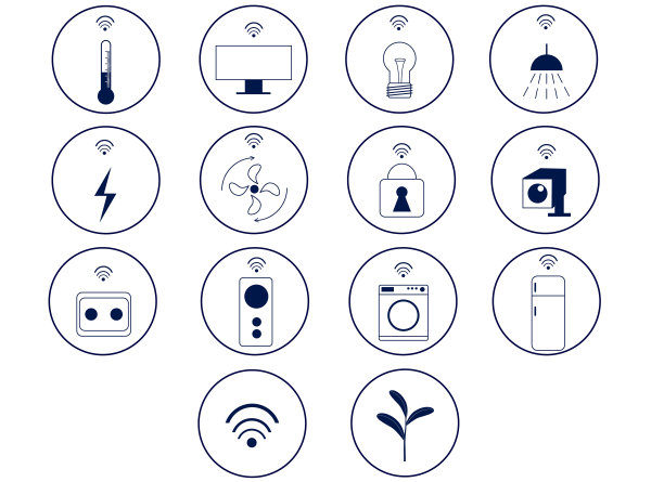 一套智能家居象形图。圆形带有wi-fi形象和智能家居元素图片下载