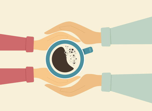 喝咖啡的浪漫约会。男女手握咖啡杯。从上面的观点图片下载