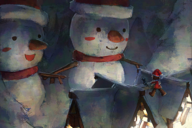 数字艺术绘画套小女孩看着巨大的雪人在冬季圣诞节。图片下载