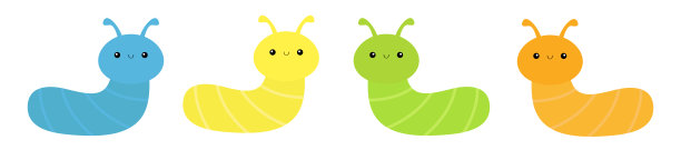 毛毛虫昆虫图标集线。可爱的爬行的虫子。卡通可爱有趣的小动物角色。微笑的脸。色彩鲜艳，绿色、蓝色、黄色、橙色。平面设计。白色背景。图片下载