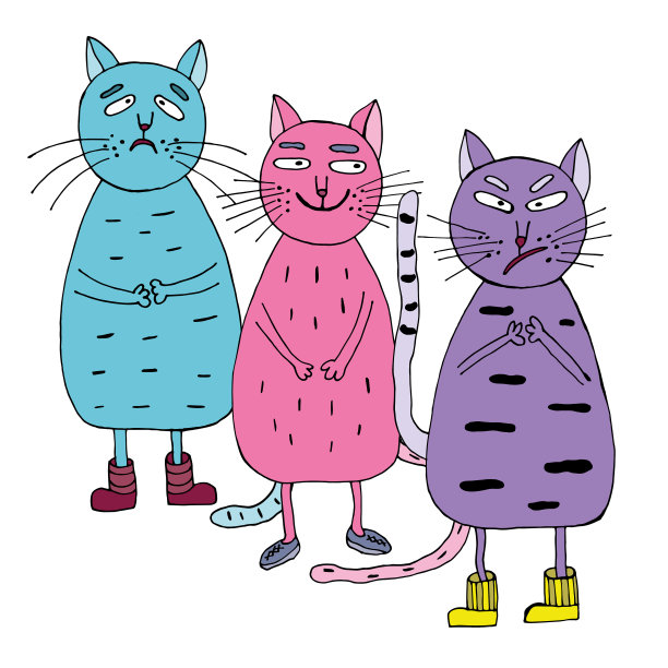 猫，悲伤的猫，邪恶的猫和善良的猫微笑。矢量插图。孤立。卡通。手绘涂鸦风格图片下载