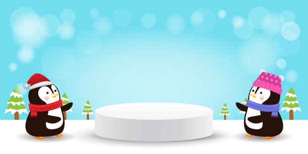 圣诞快乐和新年快乐舞台基座或平台，几何讲台形状的展示产品展示，抽象极小的模拟场景，冬季圣诞节背景与企鹅。三维向量圣诞图片下载