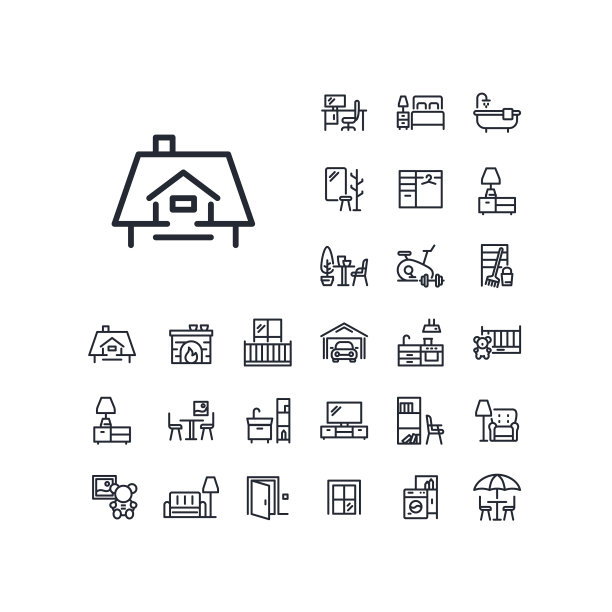 阁楼和屋顶线图标设置在白色背景上。图片下载