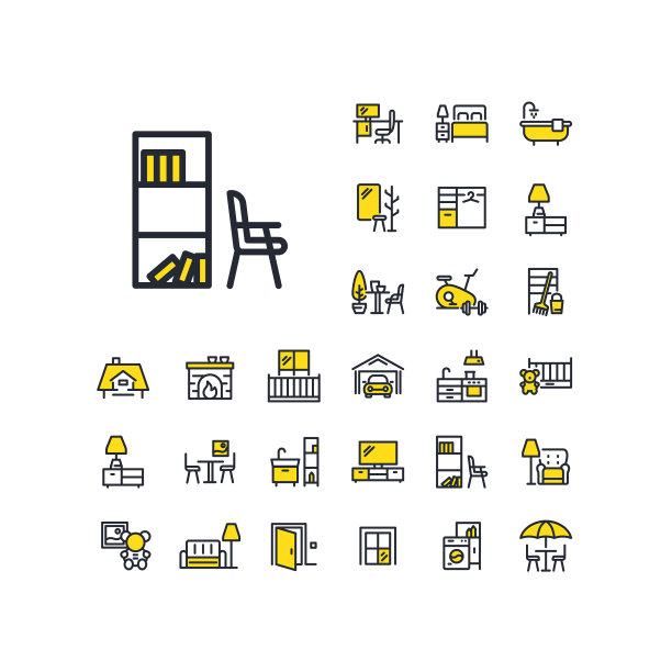 书架和椅子线图标设置在白色背景上。图片下载