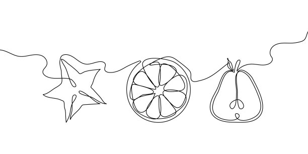 水果一行集。杨桃，橘子，柠檬，梨的连续线画。图片下载