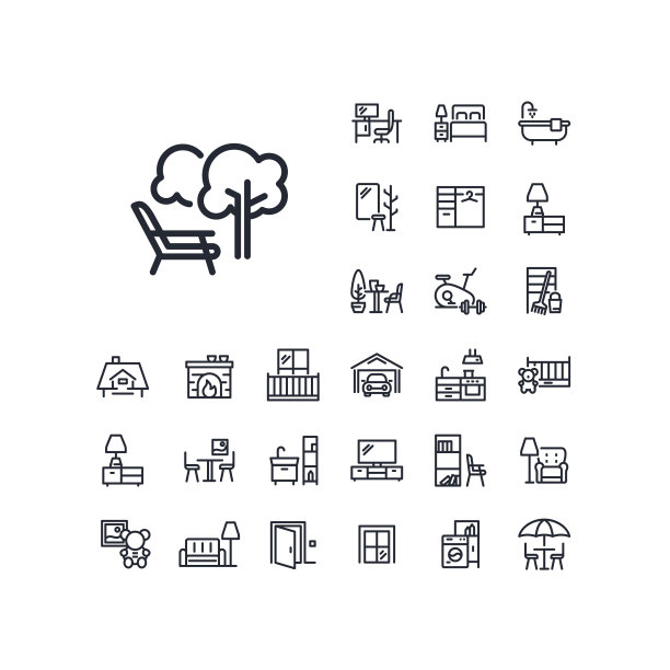 躺椅在花园线图标设置在白色背景。图片下载